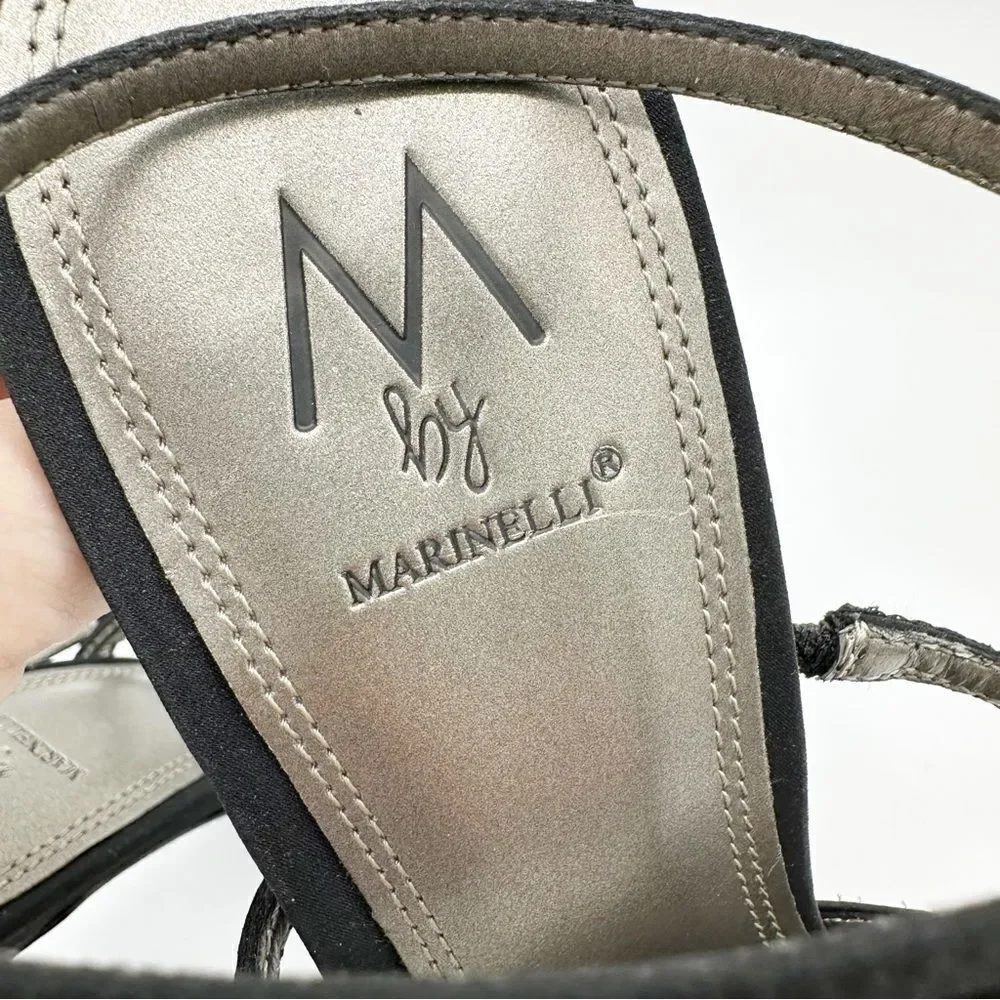 M. By Marinelli Black Satin Sparkly Jeweled T-Strap Stiletto Evening Sandal 8.5M